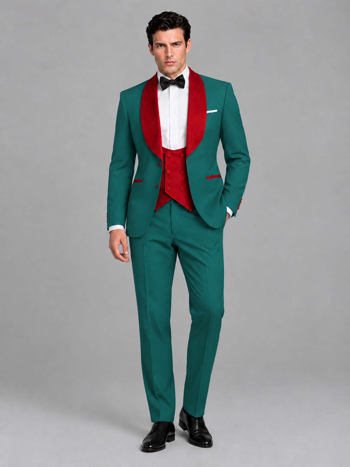 Savile Men's Teal 3-Piece Tuxedo Suit Set – Contrast Red Shawl Lapel Blazer, Red Waistcoat & Trousers - SUC020 - Teal