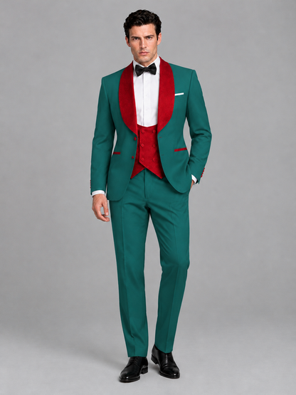 Savile Men's Teal 3-Piece Tuxedo Suit Set – Contrast Red Shawl Lapel Blazer, Red Waistcoat & Trousers - SUC020 - Teal