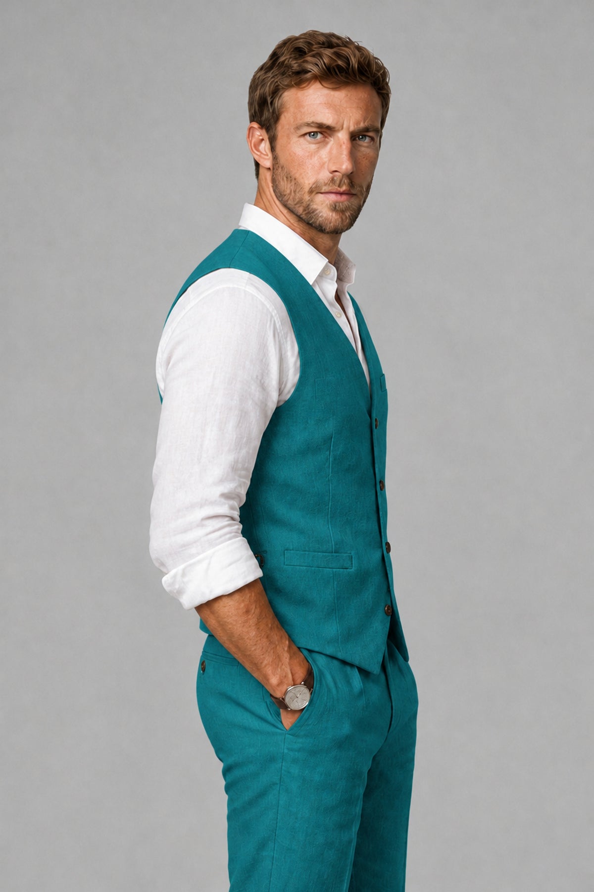 Men's Teal Linen Blend Single-Breasted V-Neck Suit Vest | Savile QX0101 - Teal
