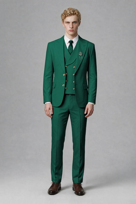 Savile Men's Teal Three-Piece Wedding Suit with Double-Breasted Waistcoat - Teal