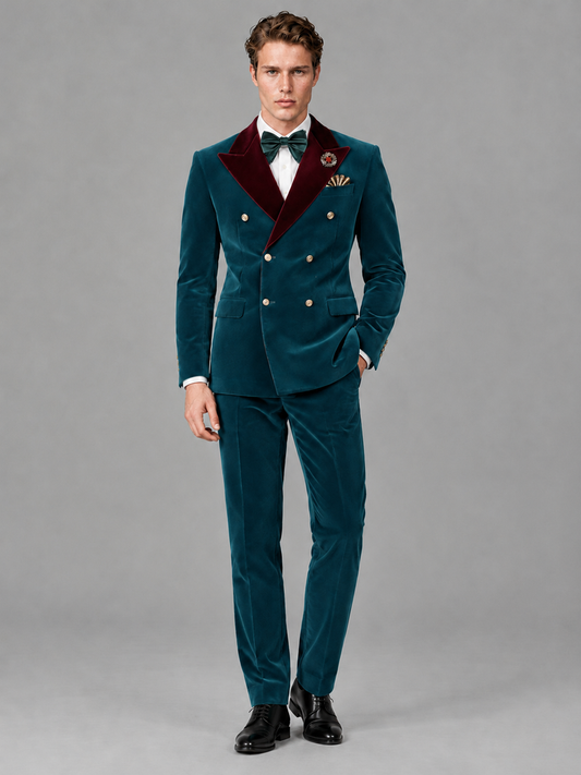 Savile Men's Teal Velvet Double-Breasted 2-Piece Tuxedo Suit with Burgundy Peak Lapel - Teal