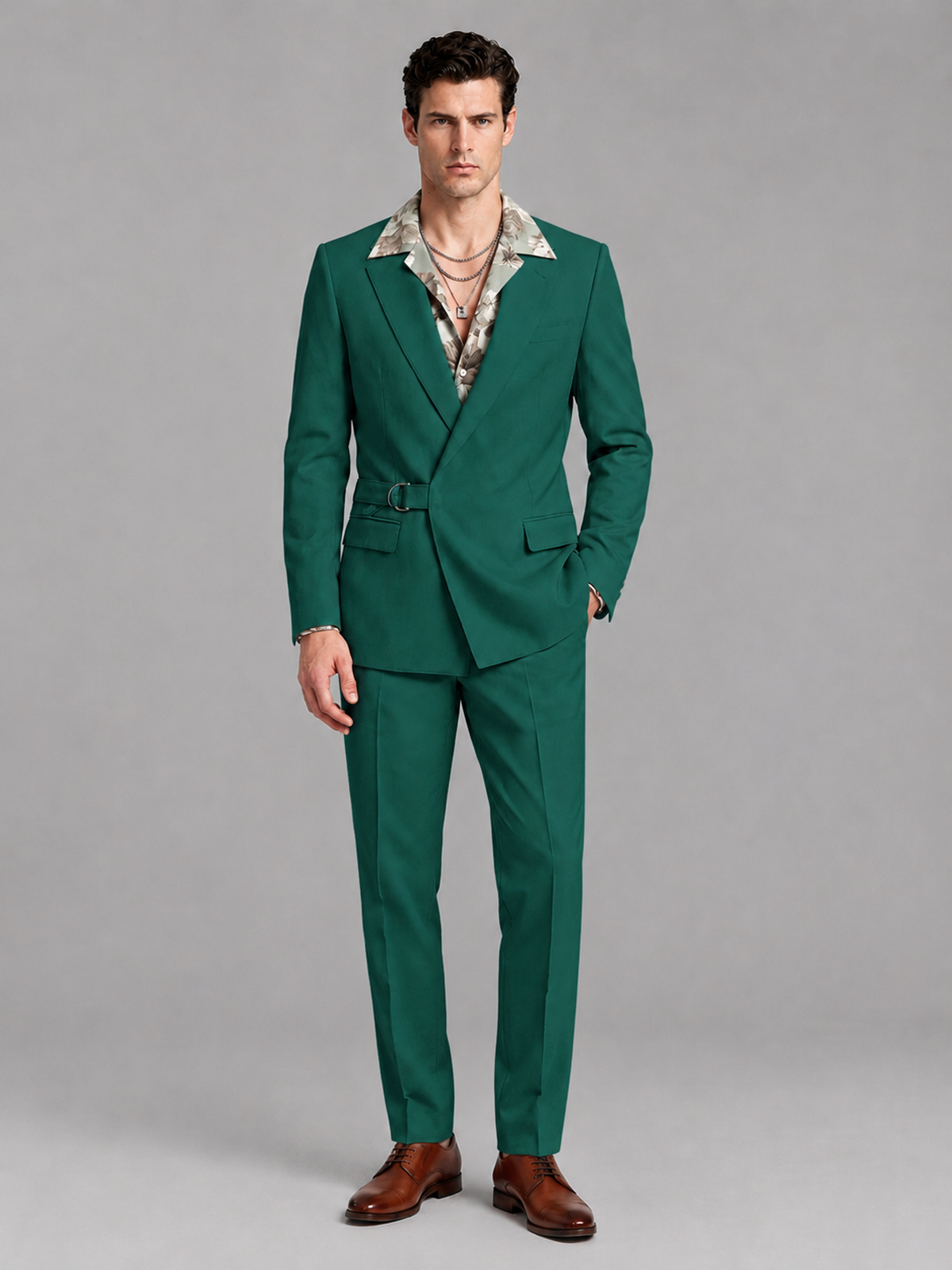 Savile Men's Teal Belted Wrap 2-Piece Suit – Peak Lapel Blazer & Tailored Trousers - SUC060 - Teal - Teal_2