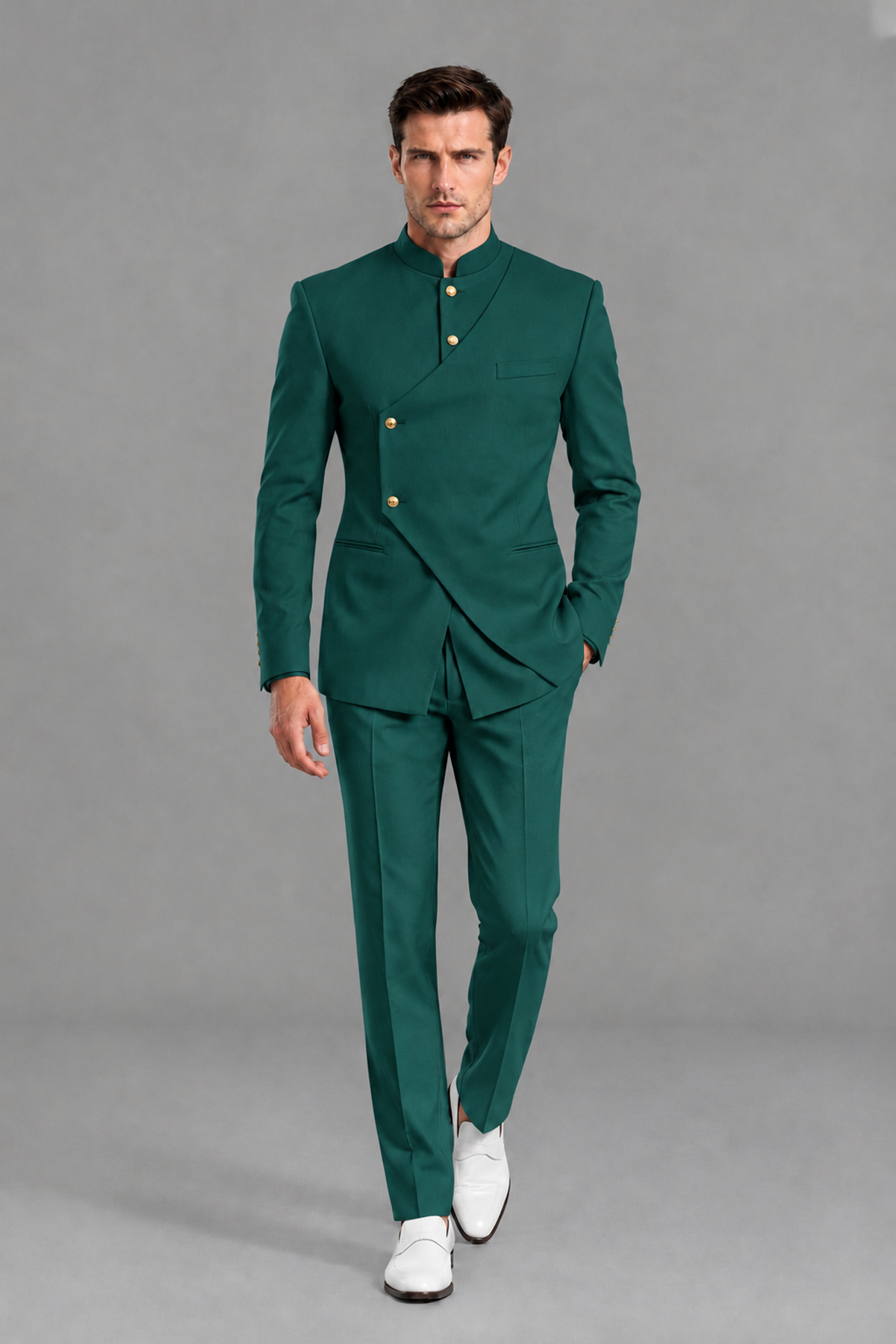Savile Men's Teal Asymmetrical Mandarin Collar Tuxedo Suit – Modern 2-Piece Gold Button Wedding, Prom & Gala Set - Teal - Teal_2