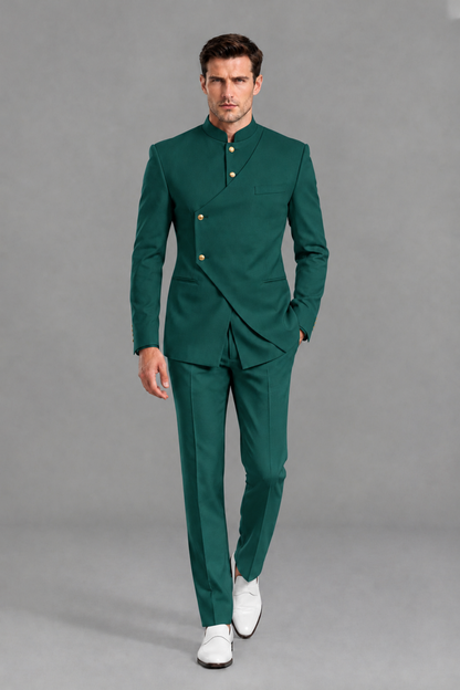 Savile Men's Teal Asymmetrical Mandarin Collar Tuxedo Suit – Modern 2-Piece Gold Button Wedding, Prom & Gala Set - Teal - Teal_2