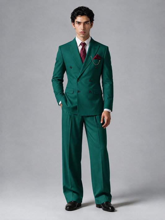 Savile Men's Teal Double-Breasted 2-Piece Suit Set – Peak Lapel Blazer & Pleated Wide-Leg Trousers - Teal - Teal_2