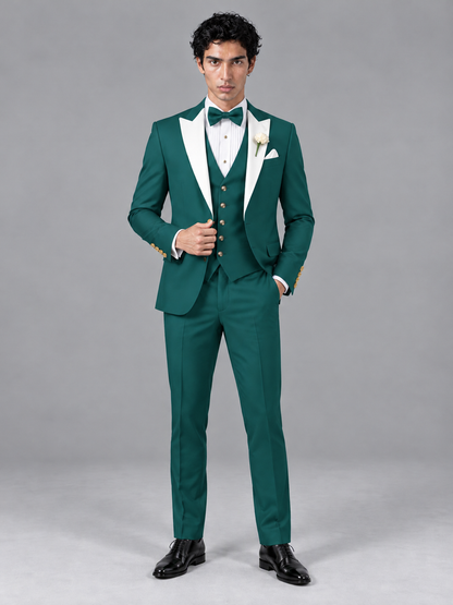 Savile Men's Teal Contrast White Peak Lapel 3-Piece Tuxedo Suit - Teal