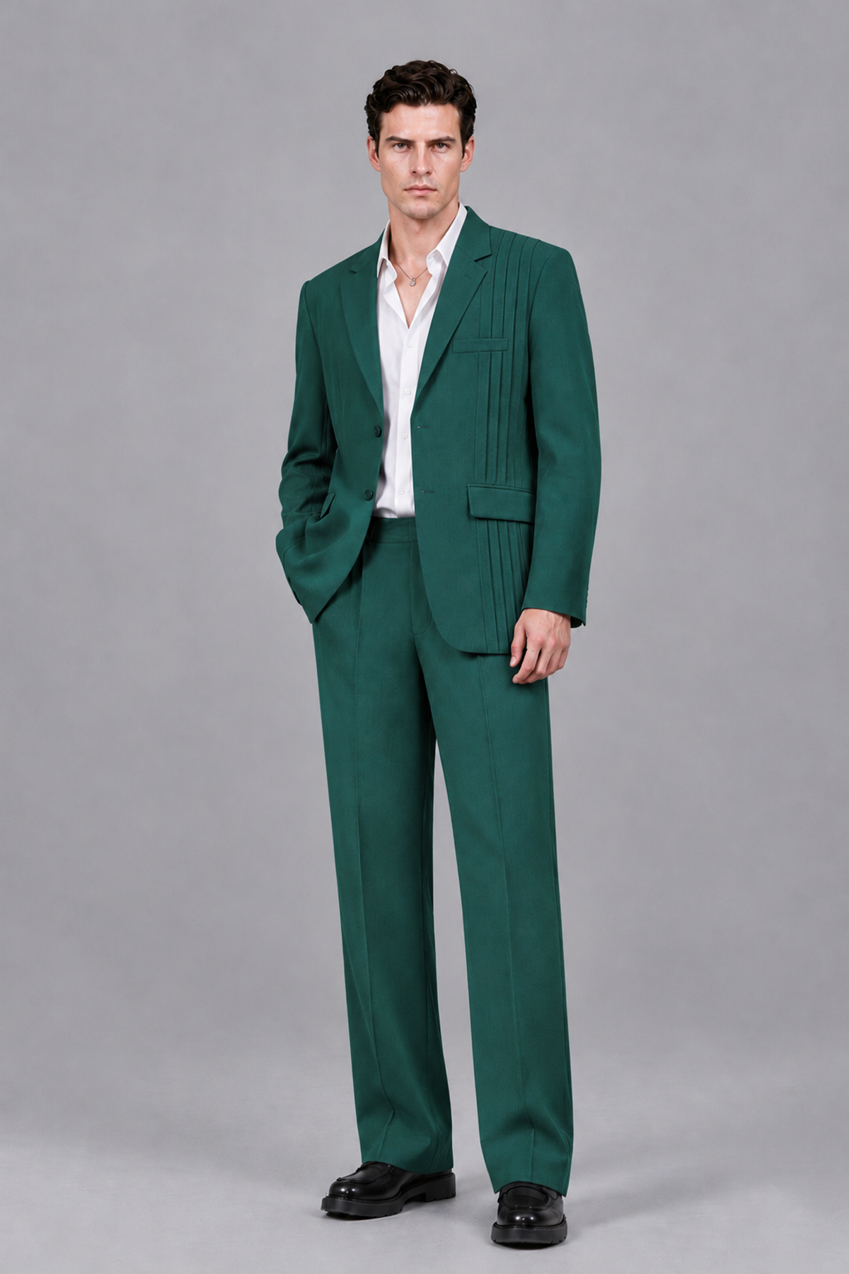 Savile Men's Teal Pleated 2-Piece Suit Set | Notch Lapel Blazer & Tailored Trousers - Teal - Teal_2