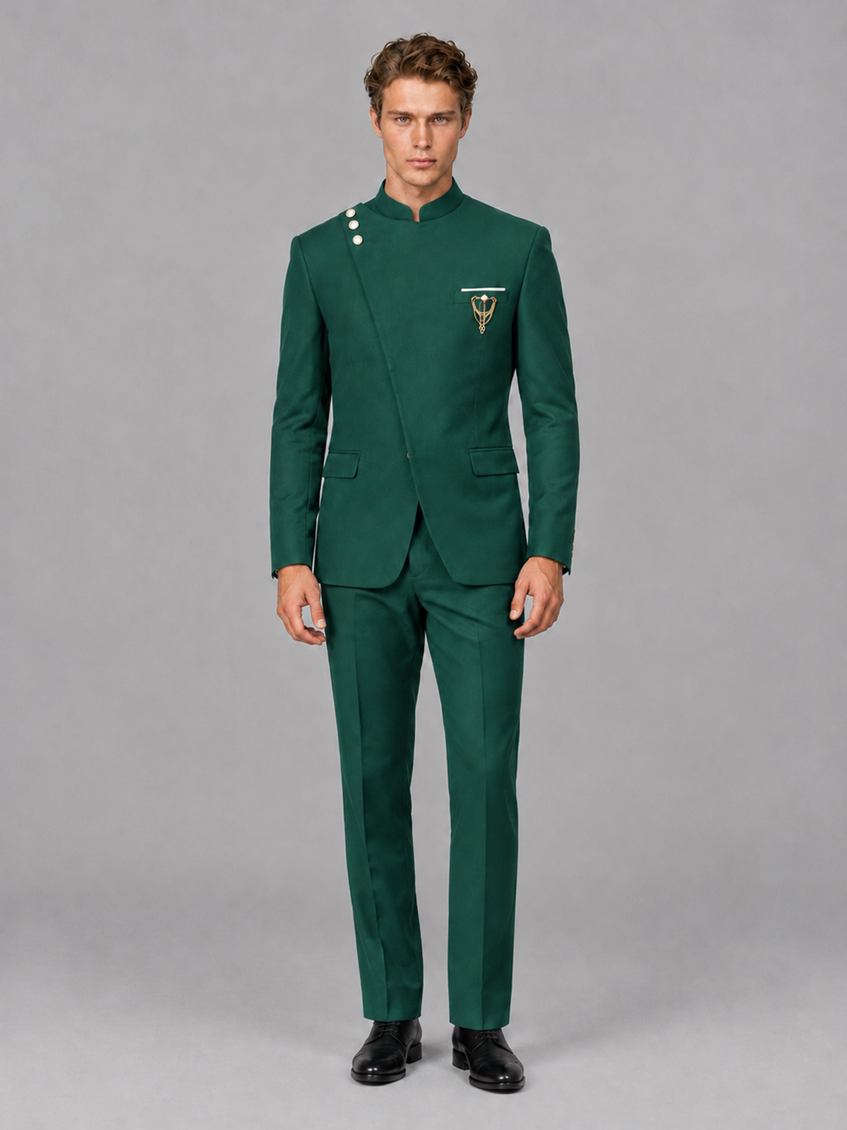 Savile Men's Teal Mandarin Collar Asymmetrical 2-Piece Suit Set – Modern Jacket & Trousers - Teal - Teal_2