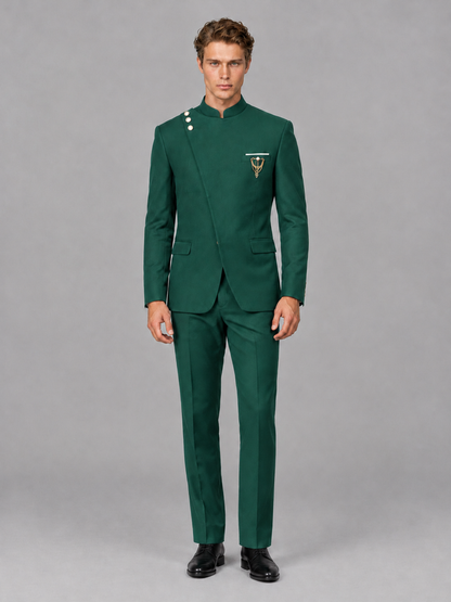 Savile Men's Teal Mandarin Collar Asymmetrical 2-Piece Suit Set – Modern Jacket & Trousers - Teal - Teal_2