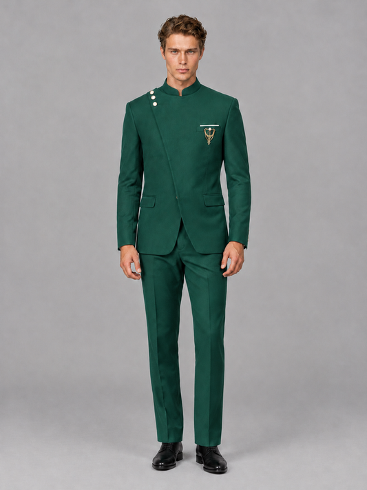 Savile Men's Teal Mandarin Collar Asymmetrical 2-Piece Suit Set – Modern Jacket & Trousers - Teal - Teal_2