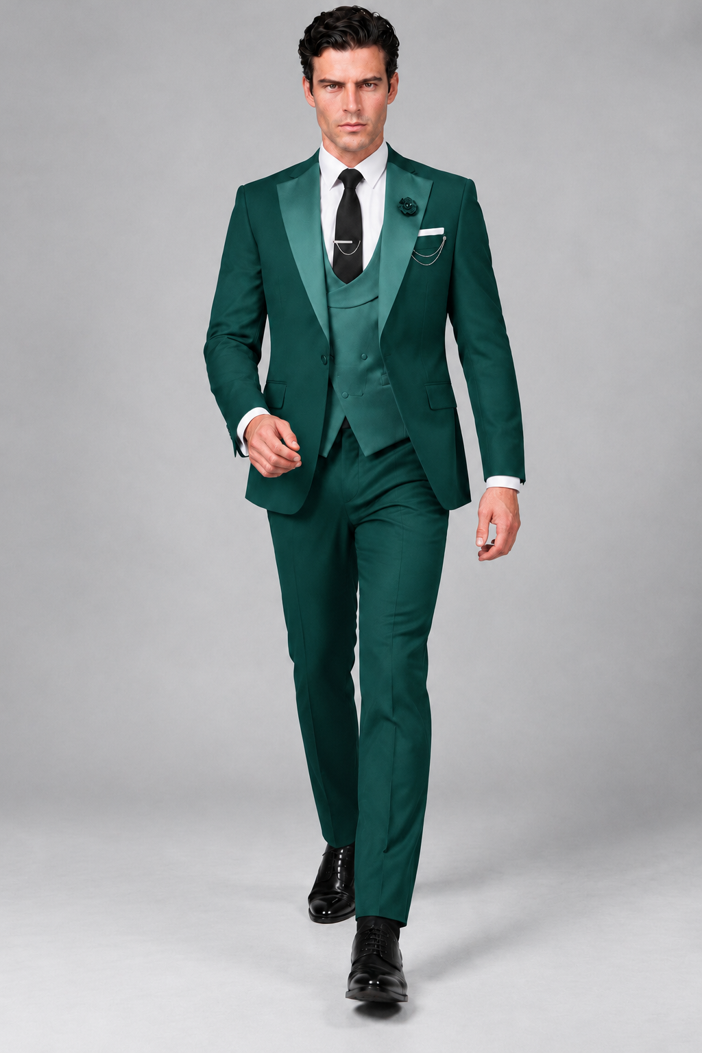 Savile Men's Teal 3-Piece Tuxedo Suit – Contrast Silver Peak Lapel & Grey Vest Formal Set - Teal - Teal_2