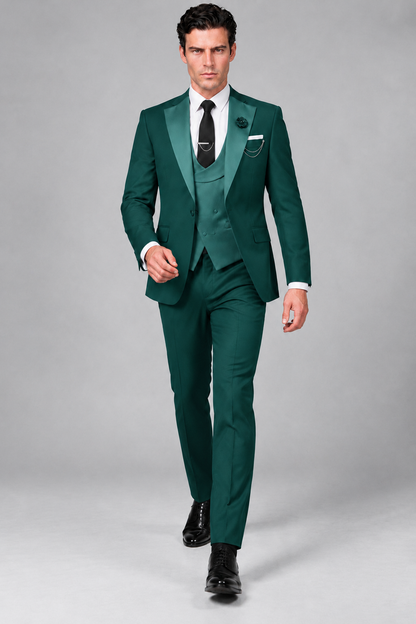 Savile Men's Teal 3-Piece Tuxedo Suit – Contrast Silver Peak Lapel & Grey Vest Formal Set - Teal - Teal_2