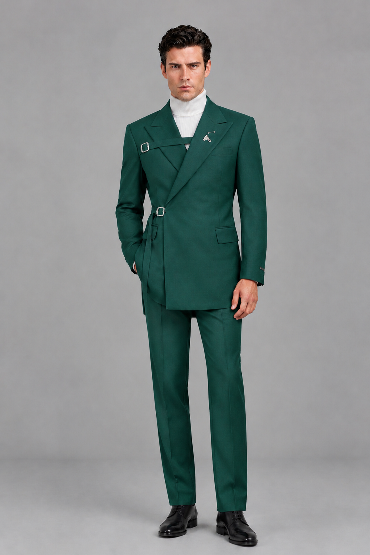 Savile Men's Teal Double Buckle Wrap Belted 2-Piece Suit Set – Peak Lapel Slim-Fit Jacket & Trousers - Teal - Teal_2