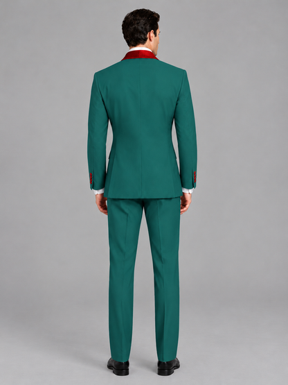 Savile Men's Teal 3-Piece Tuxedo Suit Set – Contrast Red Shawl Lapel Blazer, Red Waistcoat & Trousers - SUC020 - Teal