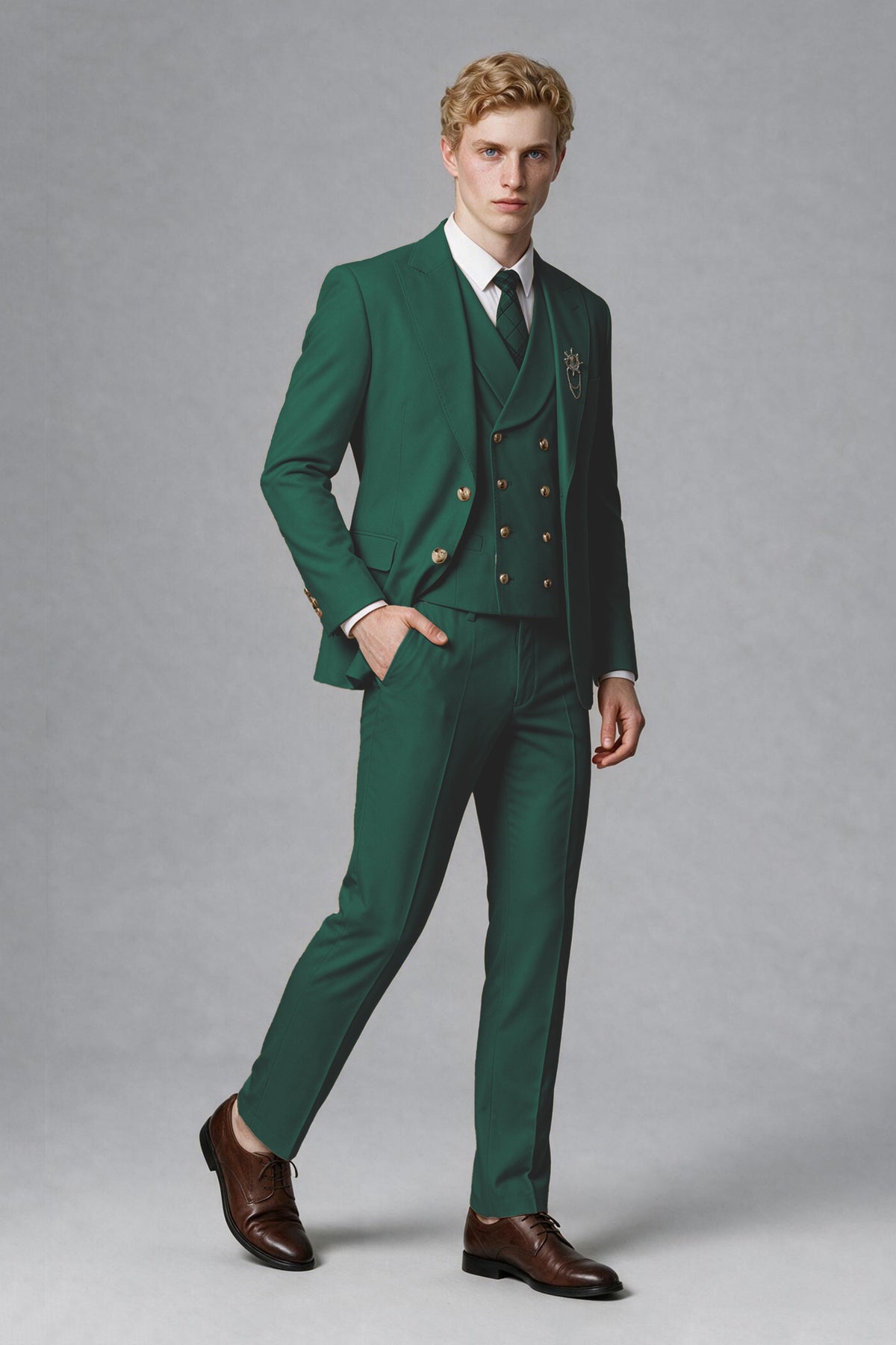 Savile Men's Teal Three-Piece Wedding Suit with Double-Breasted Waistcoat - Teal
