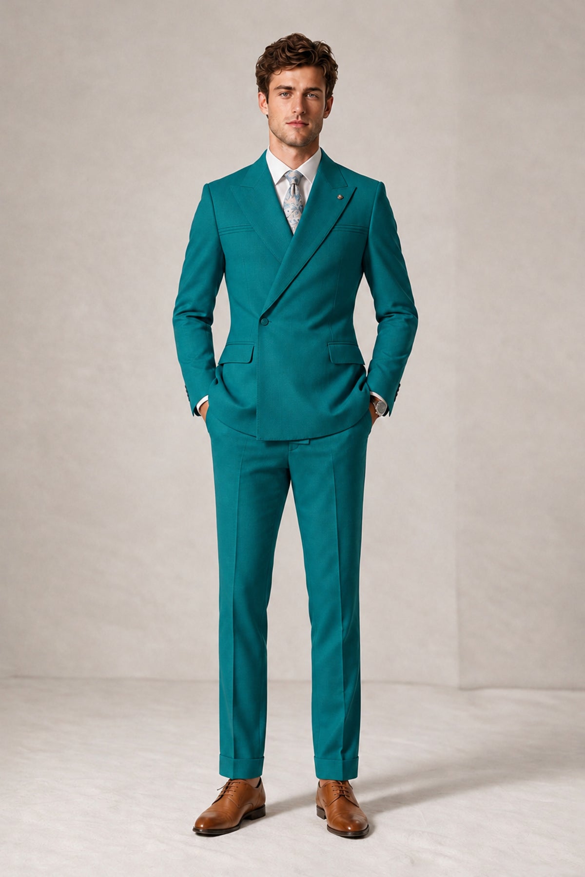 Savile Men's Teal Double-Breasted Slim Fit 2-Piece Suit Set – Peak Lapel Blazer & Cuffed Trousers | Wedding Prom Formal - Teal