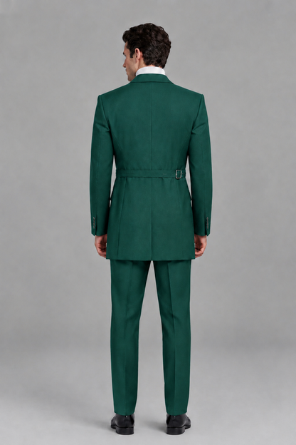 Savile Men's Teal Double Buckle Wrap Belted 2-Piece Suit Set – Peak Lapel Slim-Fit Jacket & Trousers - Teal - Teal_3
