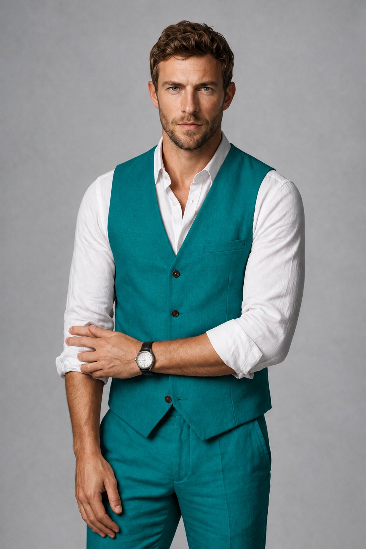 Men's Teal Linen Blend Single-Breasted V-Neck Suit Vest | Savile QX0101 - Teal