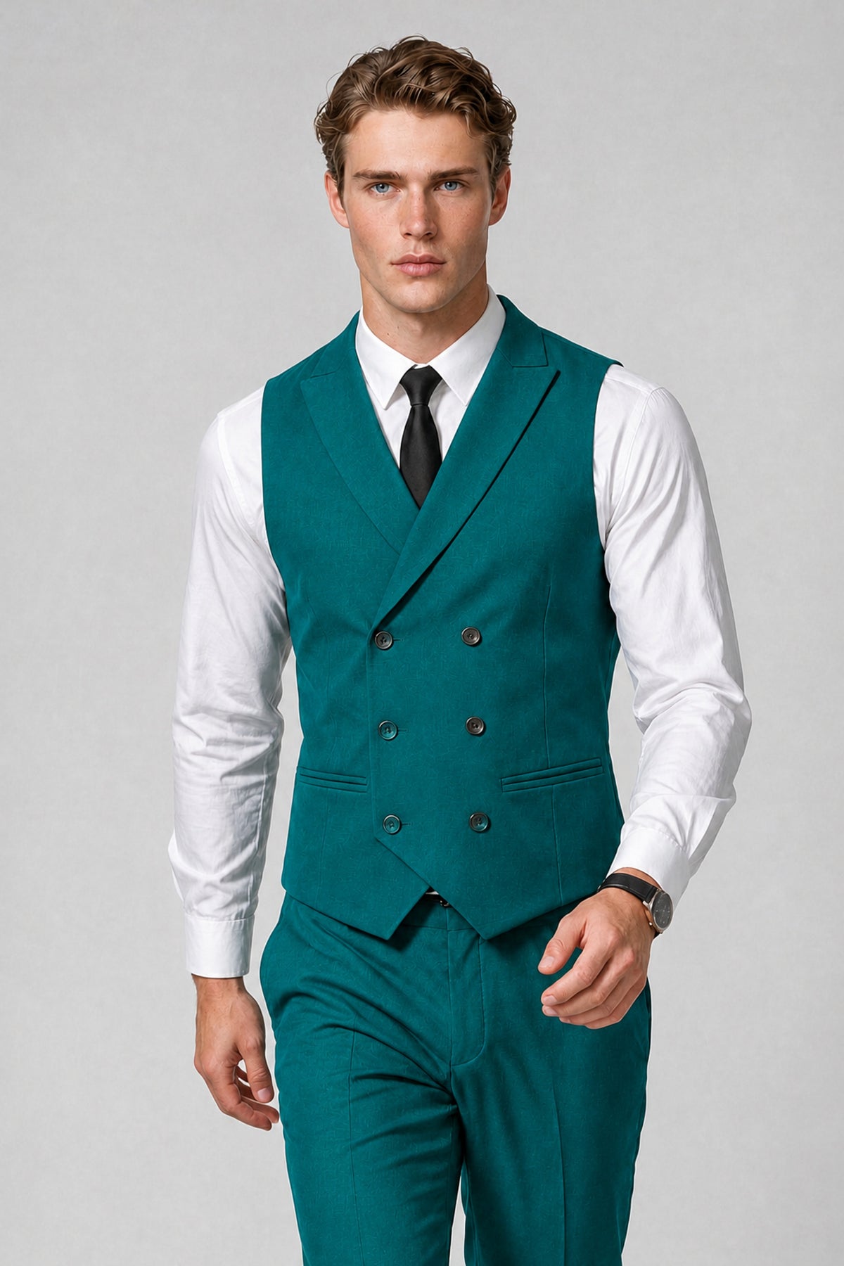 Men's Classic Teal Double-Breasted Shawl Lapel Suit Vest | Savile QX0100 - Teal