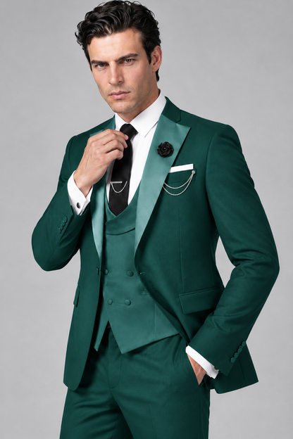 Savile Men's Teal 3-Piece Tuxedo Suit – Contrast Silver Peak Lapel & Grey Vest Formal Set - Teal - Teal_3