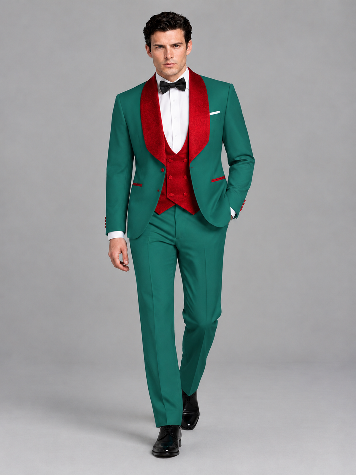 Savile Men's Teal 3-Piece Tuxedo Suit Set – Contrast Red Shawl Lapel Blazer, Red Waistcoat & Trousers - SUC020 - Teal