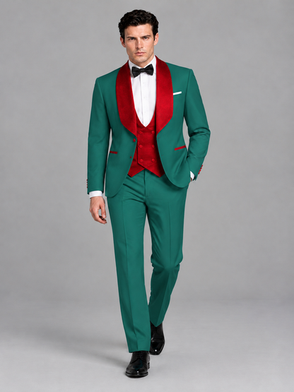 Savile Men's Teal 3-Piece Tuxedo Suit Set – Contrast Red Shawl Lapel Blazer, Red Waistcoat & Trousers - SUC020 - Teal