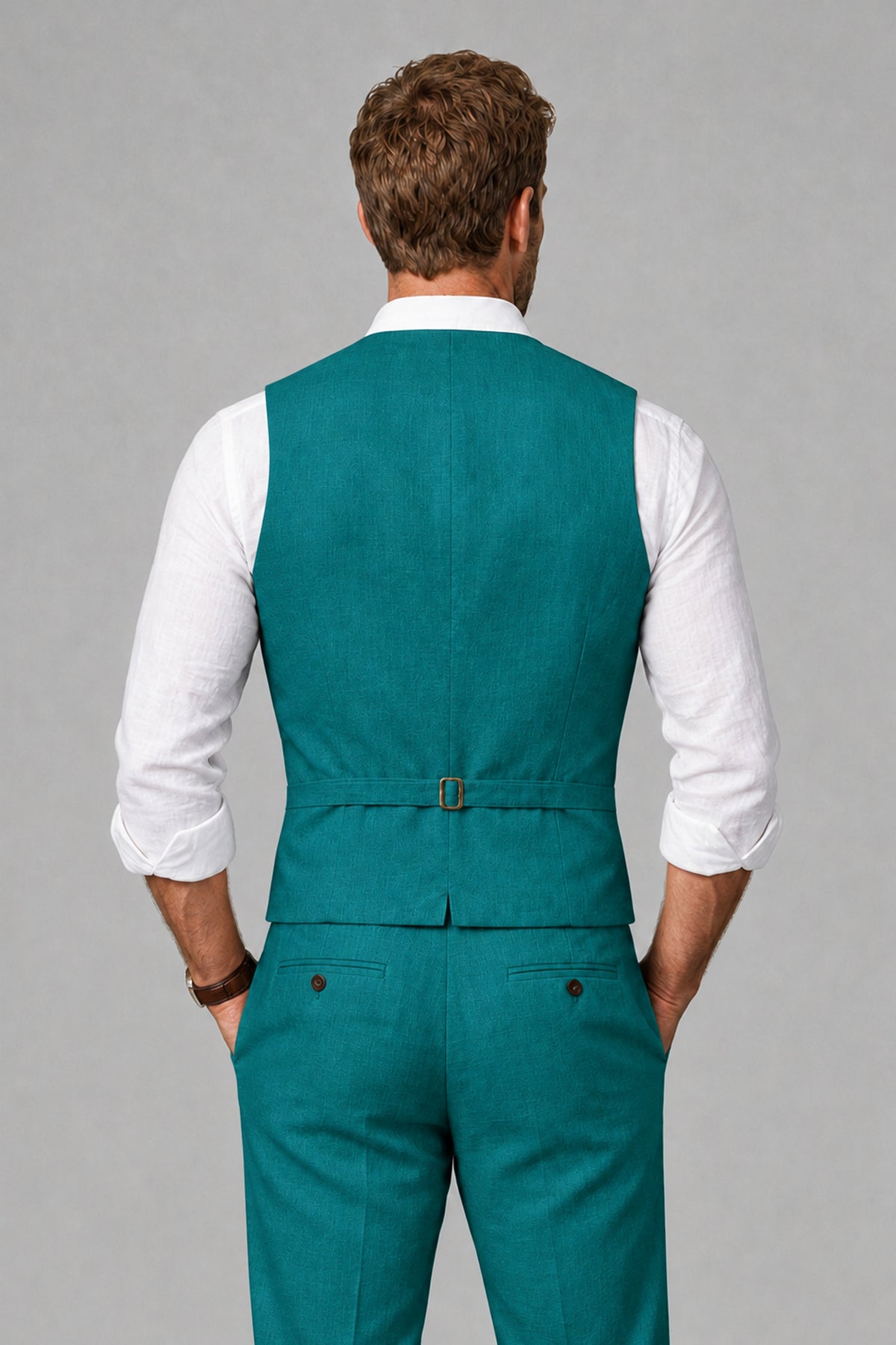 Men's Teal Linen Blend Single-Breasted V-Neck Suit Vest | Savile QX0101 - Teal