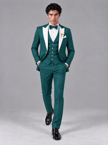 Savile Men's Teal Contrast White Peak Lapel 3-Piece Tuxedo Suit - Teal