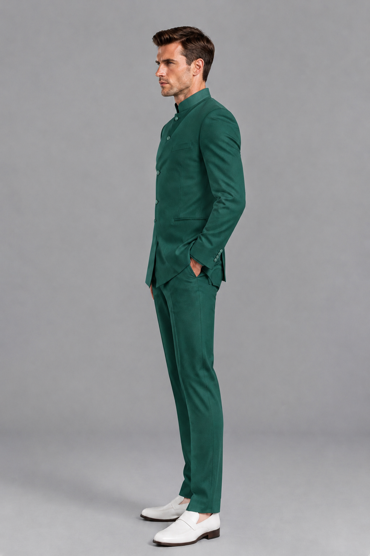 Savile Men's Teal Asymmetrical Mandarin Collar Tuxedo Suit – Modern 2-Piece Gold Button Wedding, Prom & Gala Set - Teal - Teal_4