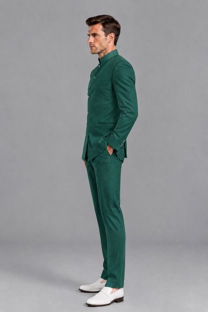 Savile Men's Teal Asymmetrical Mandarin Collar Tuxedo Suit – Modern 2-Piece Gold Button Wedding, Prom & Gala Set - Teal - Teal_4