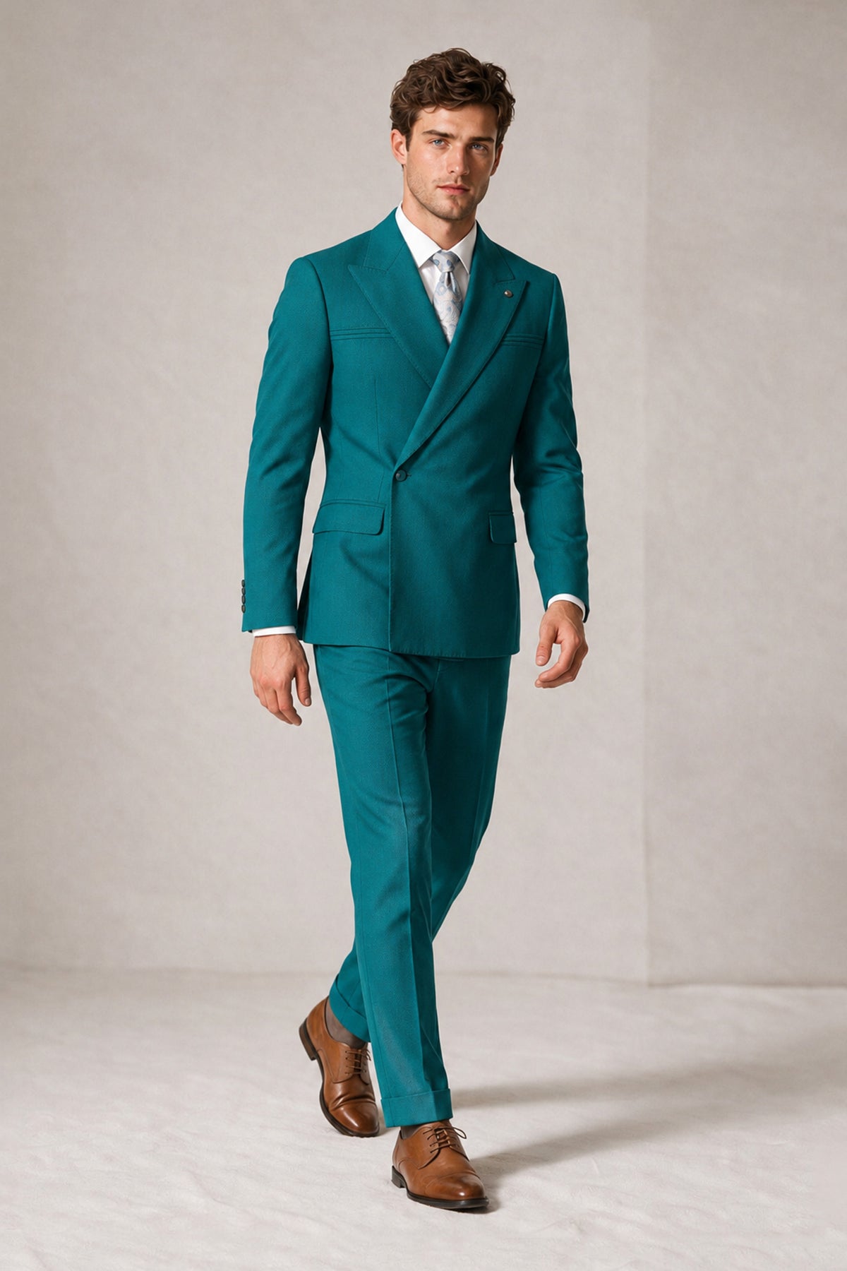 Savile Men's Teal Double-Breasted Slim Fit 2-Piece Suit Set – Peak Lapel Blazer & Cuffed Trousers | Wedding Prom Formal - Teal
