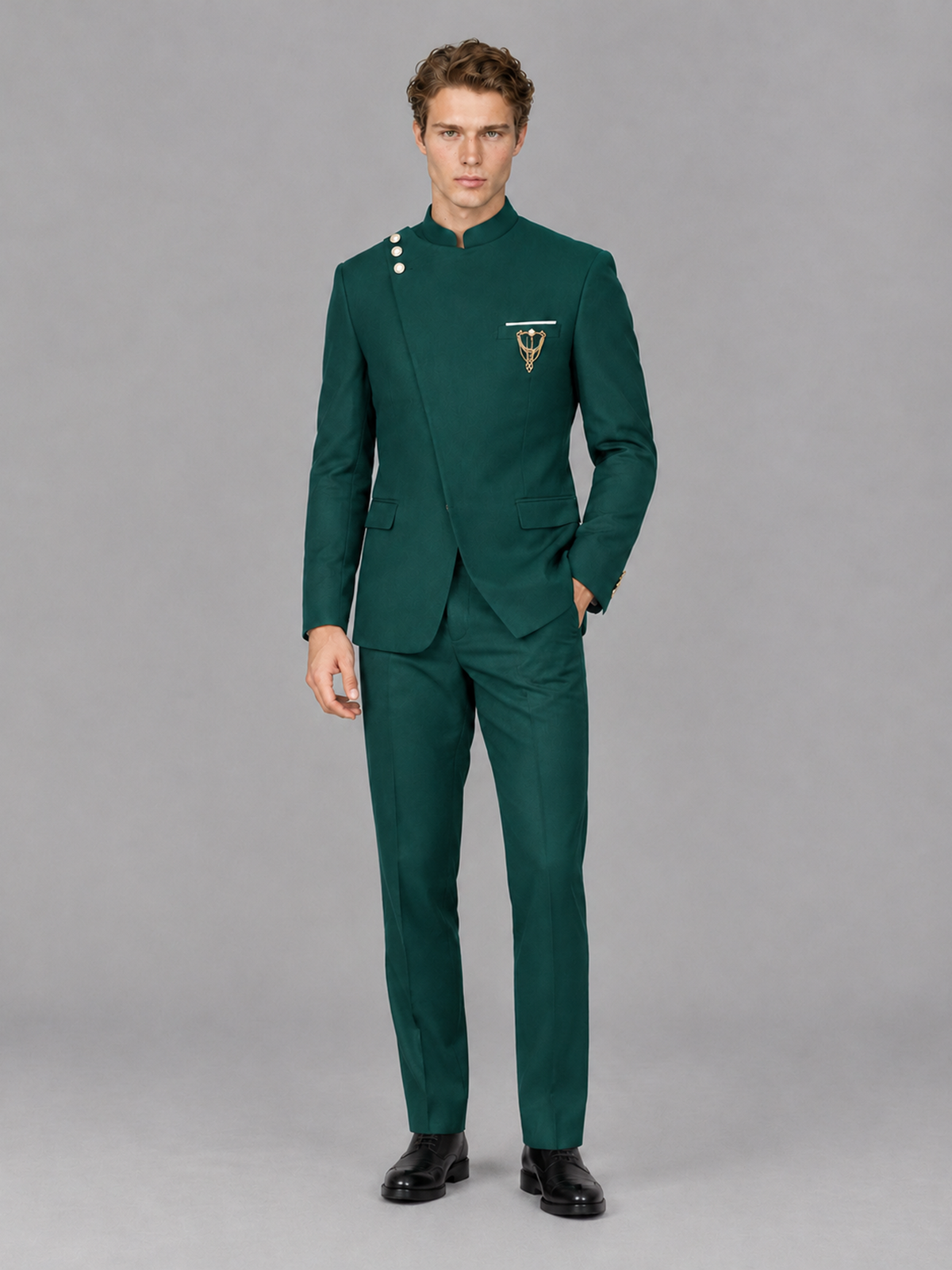 Savile Men's Teal Mandarin Collar Asymmetrical 2-Piece Suit Set – Modern Jacket & Trousers - Teal - Teal_4