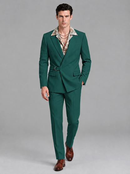 Savile Men's Teal Belted Wrap 2-Piece Suit – Peak Lapel Blazer & Tailored Trousers - SUC060 - Teal - Teal_4