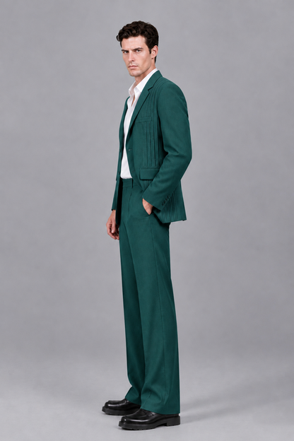 Savile Men's Teal Pleated 2-Piece Suit Set | Notch Lapel Blazer & Tailored Trousers - Teal - Teal_4