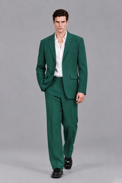 Savile Men's Teal Pleated 2-Piece Suit Set | Notch Lapel Blazer & Tailored Trousers - Teal - Teal_5