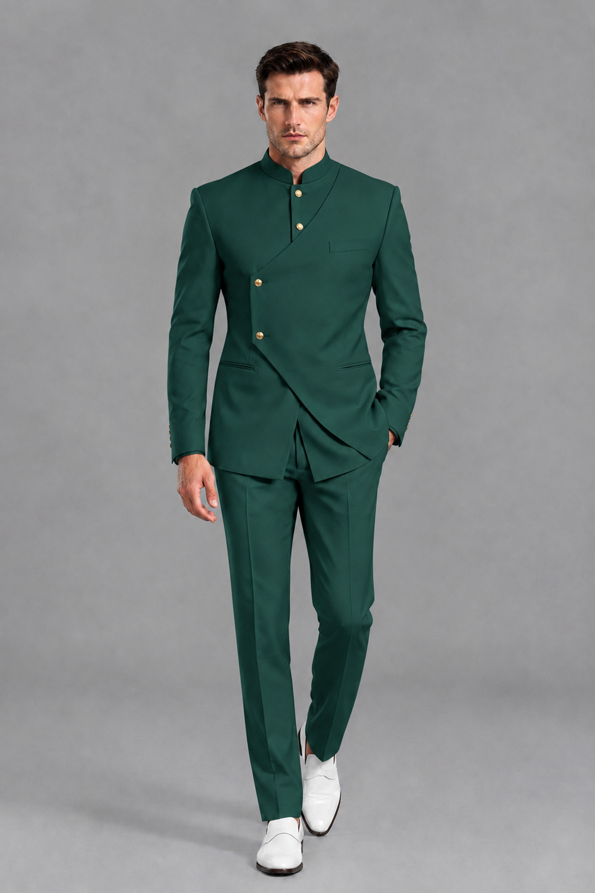 Savile Men's Teal Asymmetrical Mandarin Collar Tuxedo Suit – Modern 2-Piece Gold Button Wedding, Prom & Gala Set - Teal - Teal_5