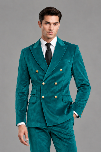 Savile Men's Teal Velvet Double-Breasted 2-Piece Suit Set | Peak Lapel Blazer & Trousers - Teal