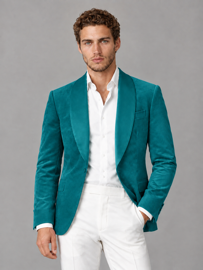 Savile Men's Teal Velvet Shawl Lapel 2-Piece Tuxedo Suit Set | Jacket & White Trousers - Teal - Teal (1)