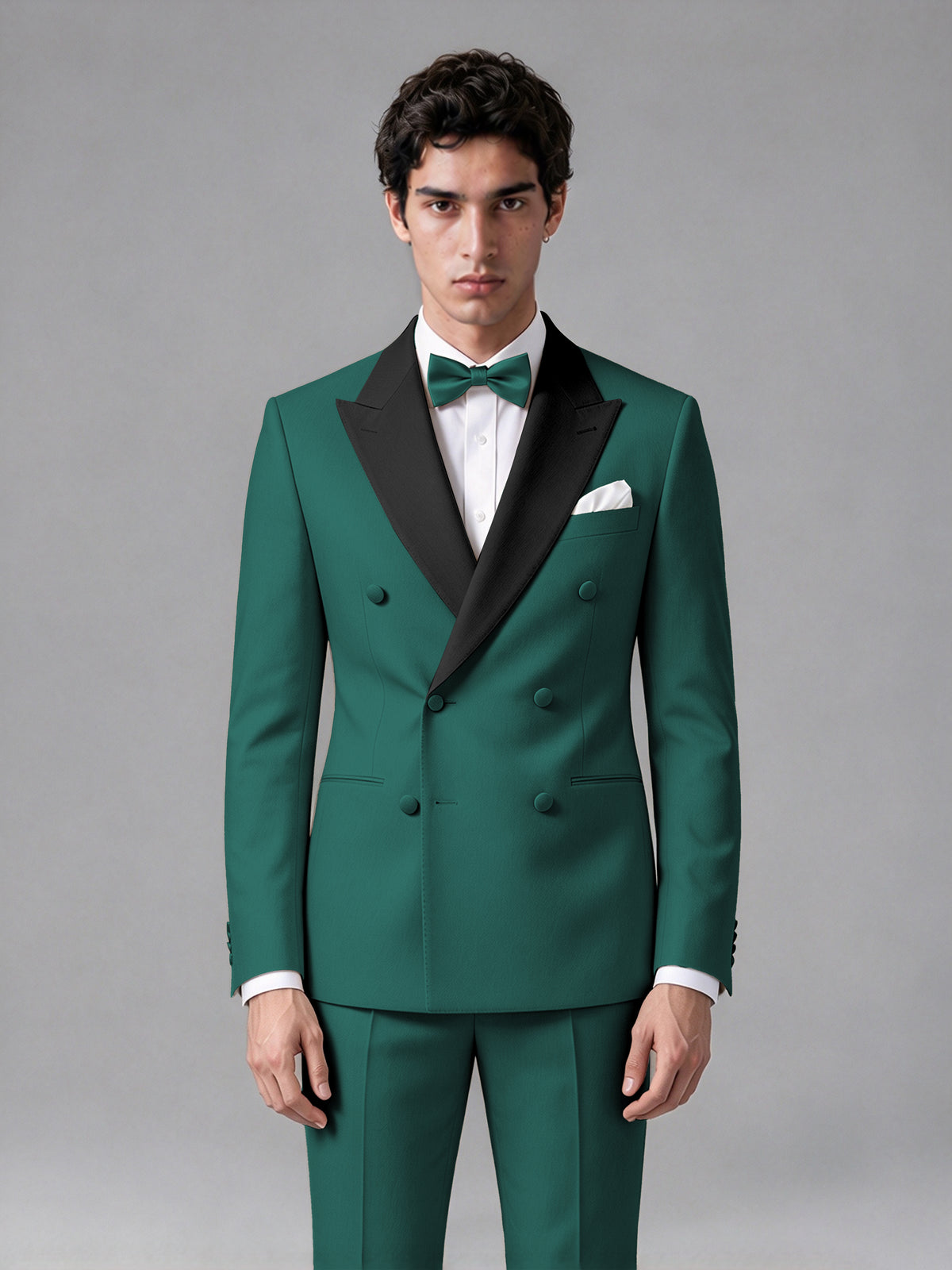 Men's Teal Double-Breasted Satin Peak Lapel Tuxedo Suit Set (Jacket + Trousers) - Teal