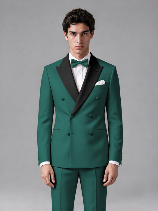 Men's Teal Double-Breasted Satin Peak Lapel Tuxedo Suit Set (Jacket + Trousers) - Teal