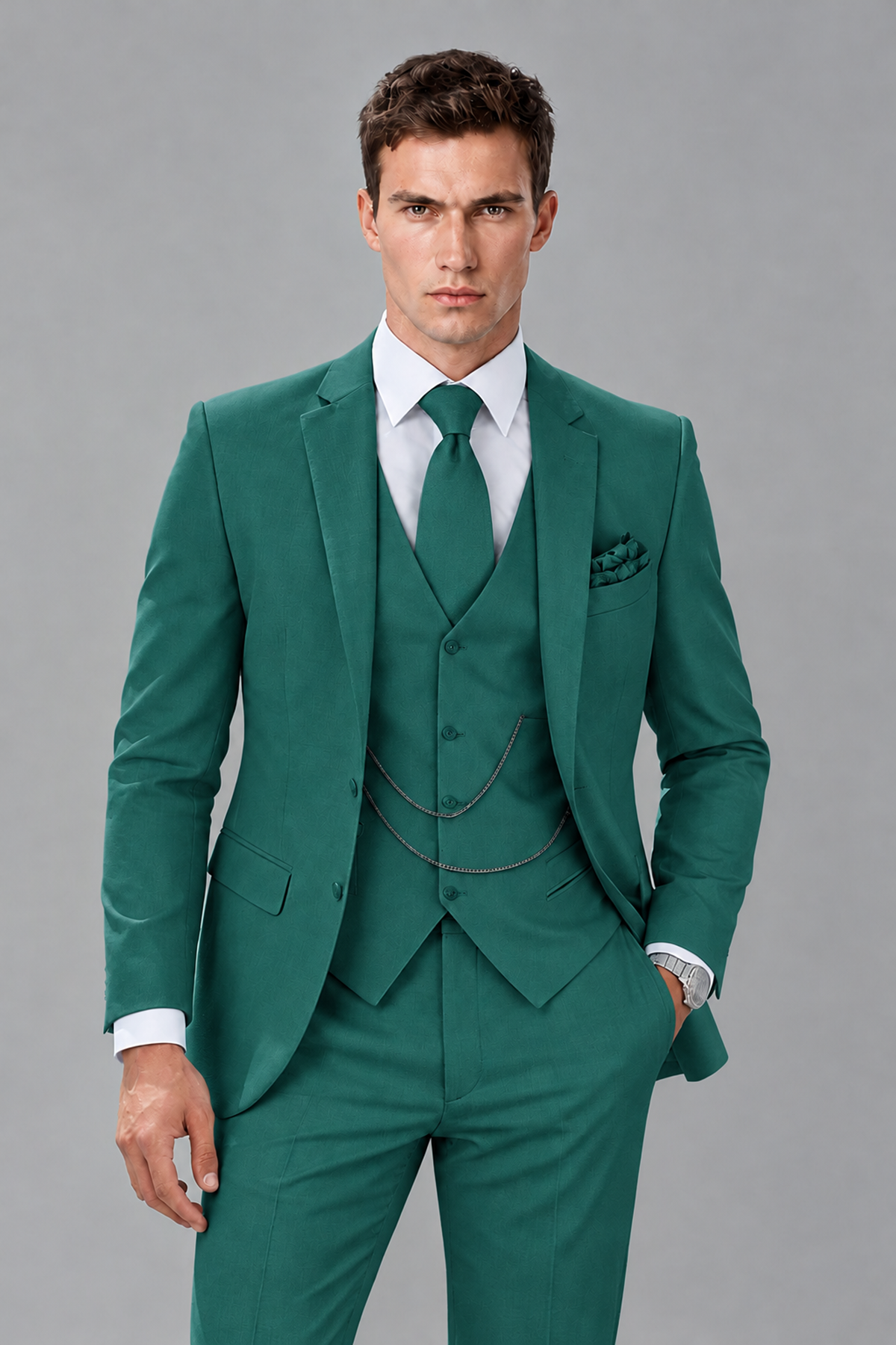 Savile Teal 3-Piece Suit with Notch Lapel & Chain Vest - Teal