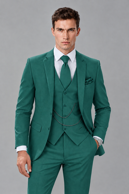 Savile Teal 3-Piece Suit with Notch Lapel & Chain Vest - Teal