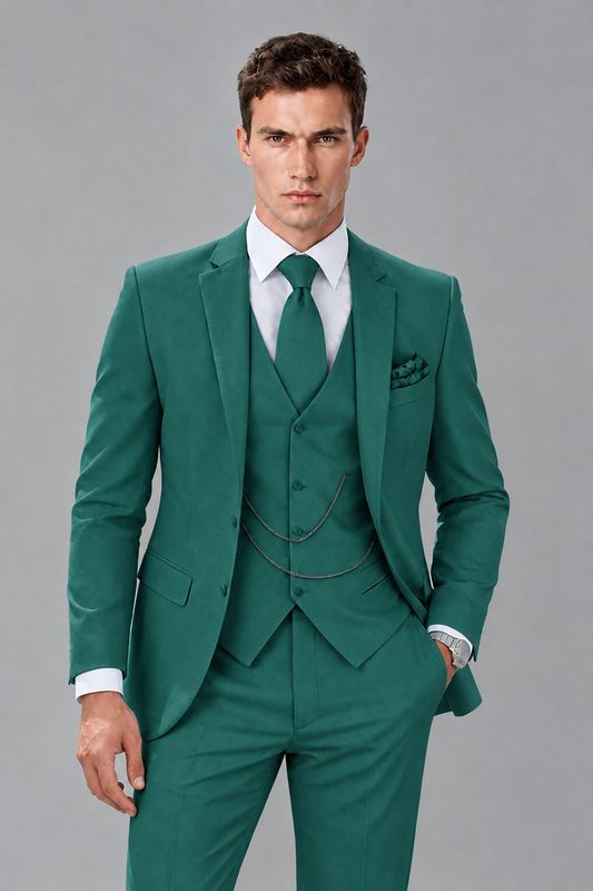 Savile Teal 3-Piece Suit with Notch Lapel & Chain Vest - Teal