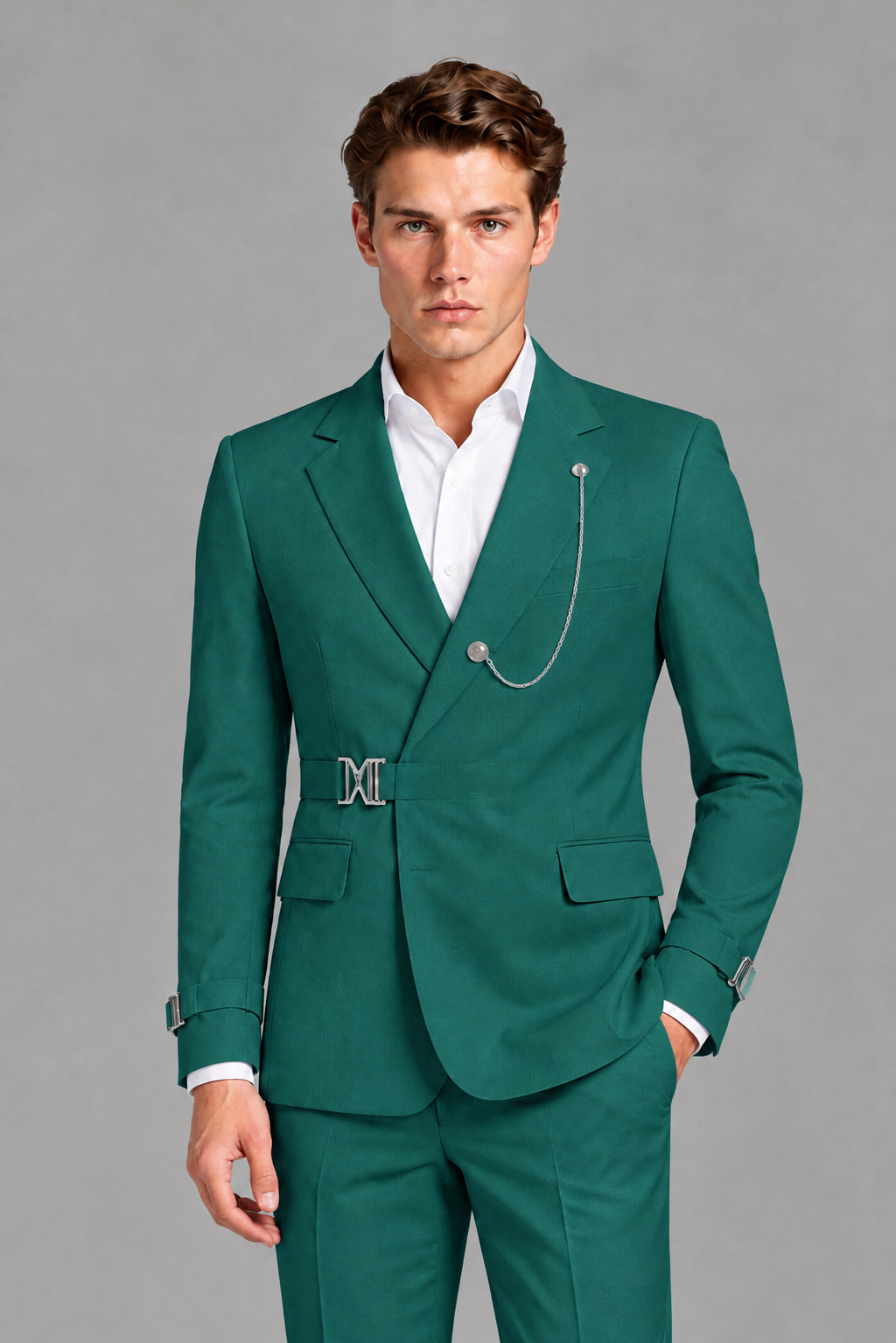 Savile Men's Teal Buckle-Closure 2-Piece Suit Set | Peak Lapel Blazer & Trousers - Teal