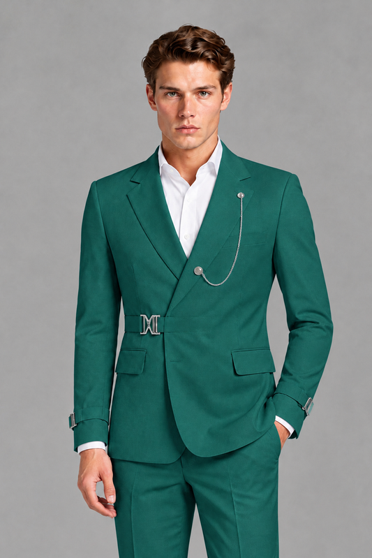 Savile Men's Teal Buckle-Closure 2-Piece Suit Set | Peak Lapel Blazer & Trousers - Teal