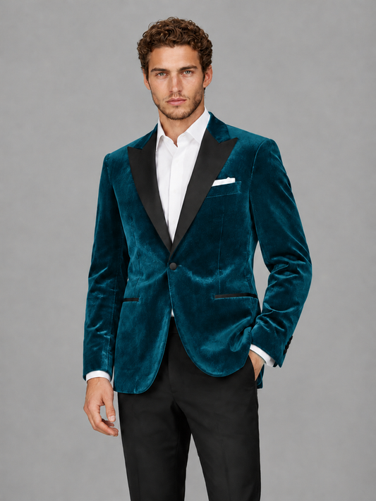 Savile Men's Teal Velvet Peak Lapel 2-Piece Tuxedo Suit Set | Jacket & Trousers - Teal