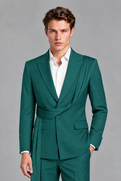 Men's Teal Draped Sash Suit – Peak Lapel 2-Piece Slim Fit Party, Gala & Wedding Set - Teal