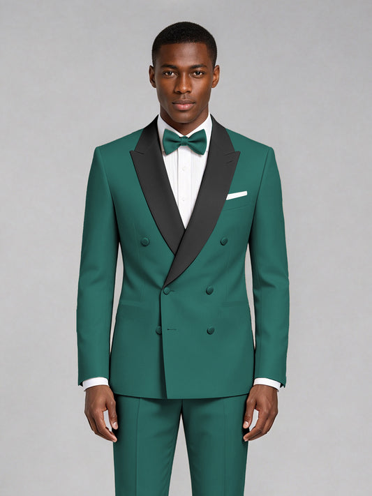 Men's Teal Double-Breasted Tuxedo Suit – Satin Shawl Lapel Teal-Tie Wedding & Gala 2-Piece Set - Teal