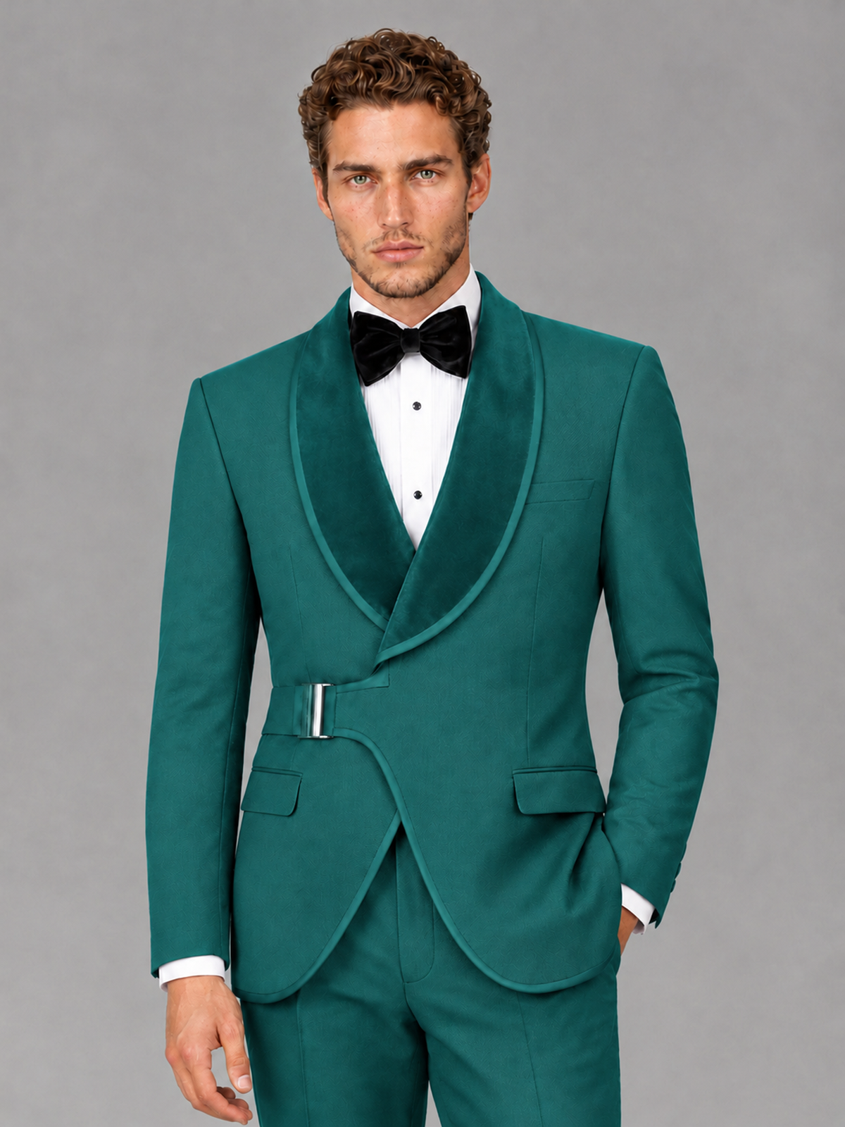 Savile Men's Teal Velvet Shawl Lapel Tuxedo Suit – Modern Side-Buckle Dinner Jacket & Trousers 2-Piece Set - Teal