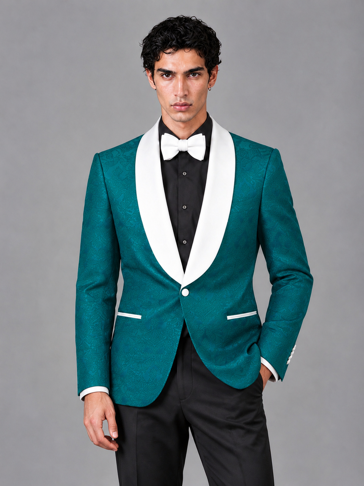 Savile Men's Teal Jacquard White Shawl Lapel 2-Piece Tuxedo Suit Set | Jacket & Trousers - Teal - Teal (1)